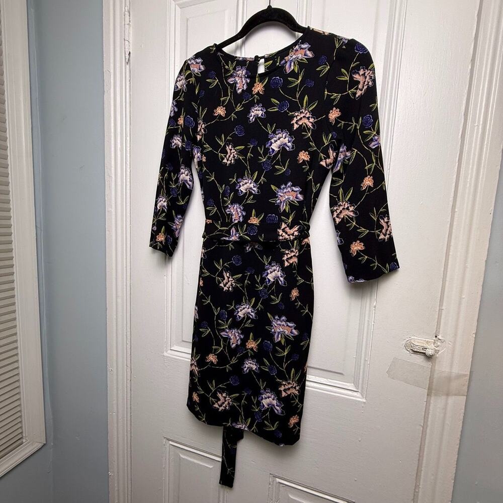 H&M Floral Modest Dress Womens 4 Office Dark Floral Belted Lined